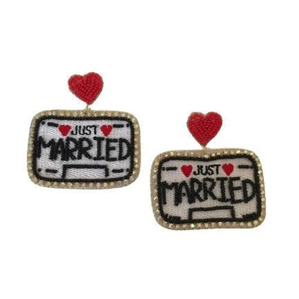 Just Married Earrings~Gift for Bride~Bridal Earrings~Statement Seed Bead Earring
